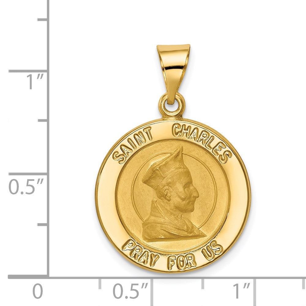 14k Yellow Gold 19.5 mm Polished and Satin St. Charles Medal Hollow Pendant (1.3 grams)