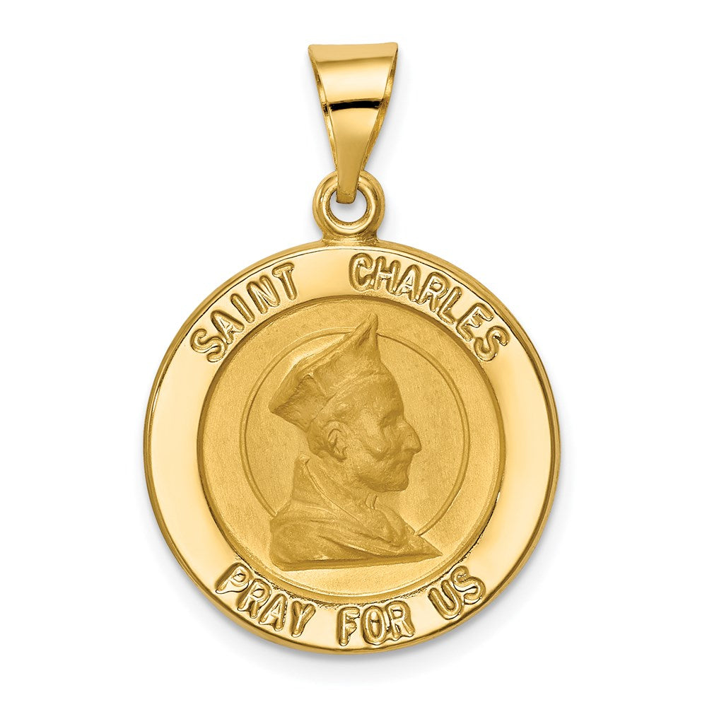 14k Yellow Gold 19.5 mm Polished and Satin St. Charles Medal Hollow Pendant (1.3 grams)