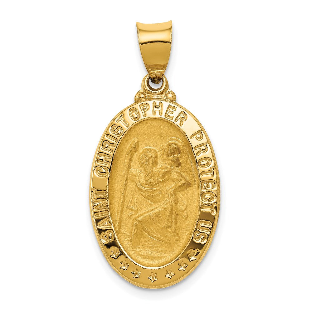 14k Yellow Gold 15.5 mm Polished and Satin St. Christopher Medal Hollow Pendant (1.36 grams)
