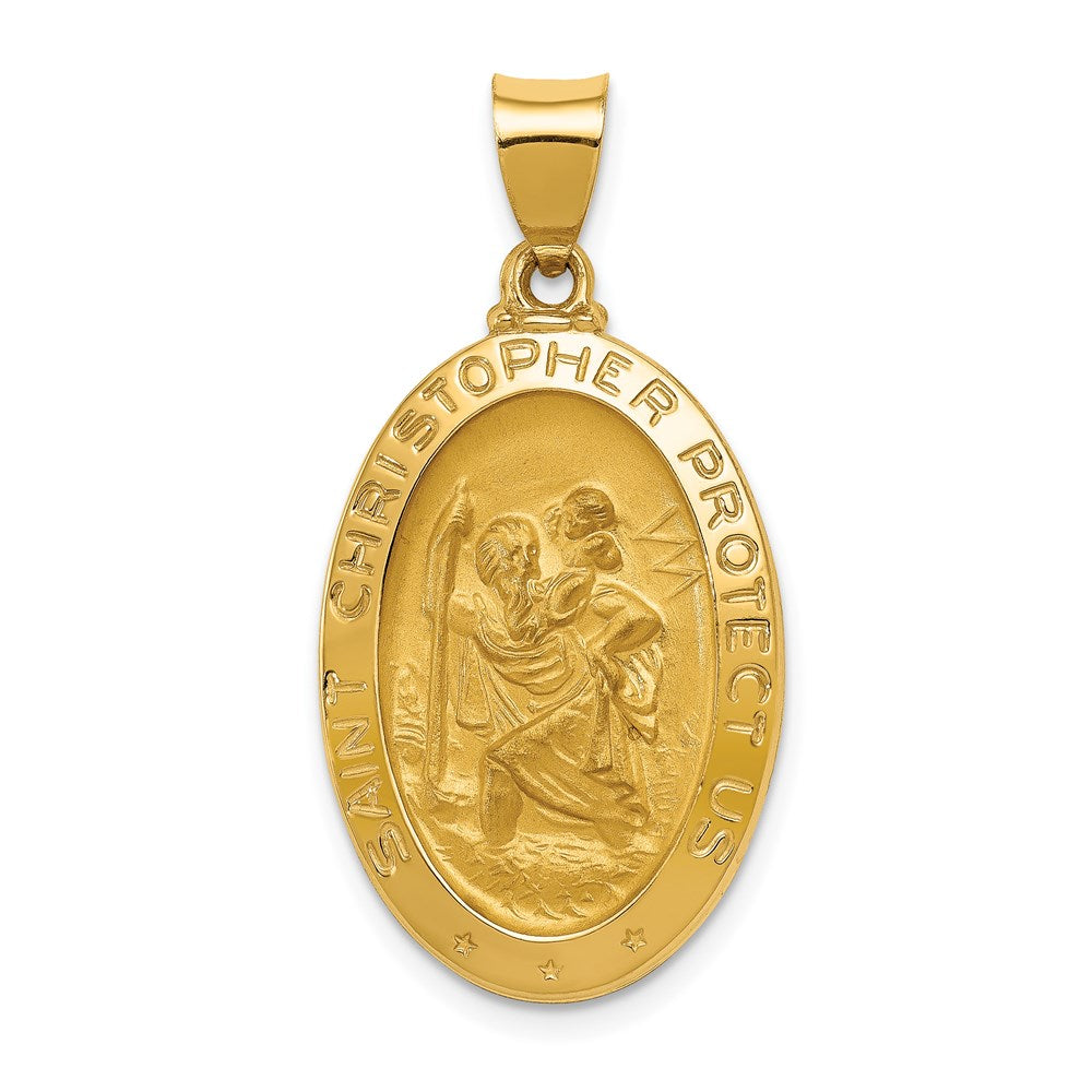 14k Yellow Gold 17 mm Polished and Satin St Christopher Medal Hollow Pendant
