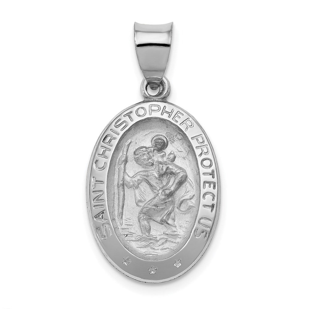 14k White Gold 15 mm Polished/Satin St Christopher Medal Hollow Pendant (1.3 grams)