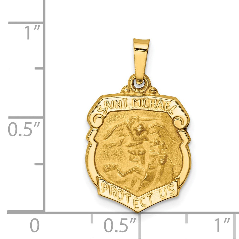 14k Yellow Gold 14 mm Polished and Satin St Michael Badge Medal Hollow Pendant (0.92 grams)