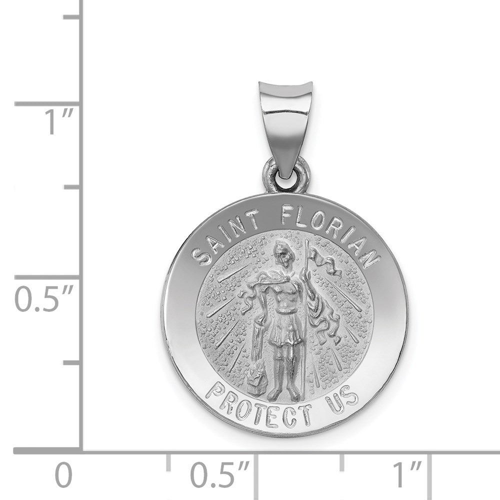 14k White Gold 18.5 mm Polished and Satin St Florian Medal Hollow Pendant (1.3 grams)