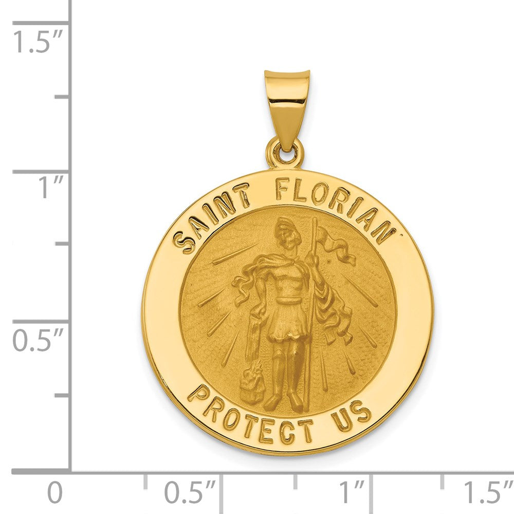 14k Yellow Gold 25 mm Polished and Satin St Florian Medal Hollow Pendant (2.35 grams)