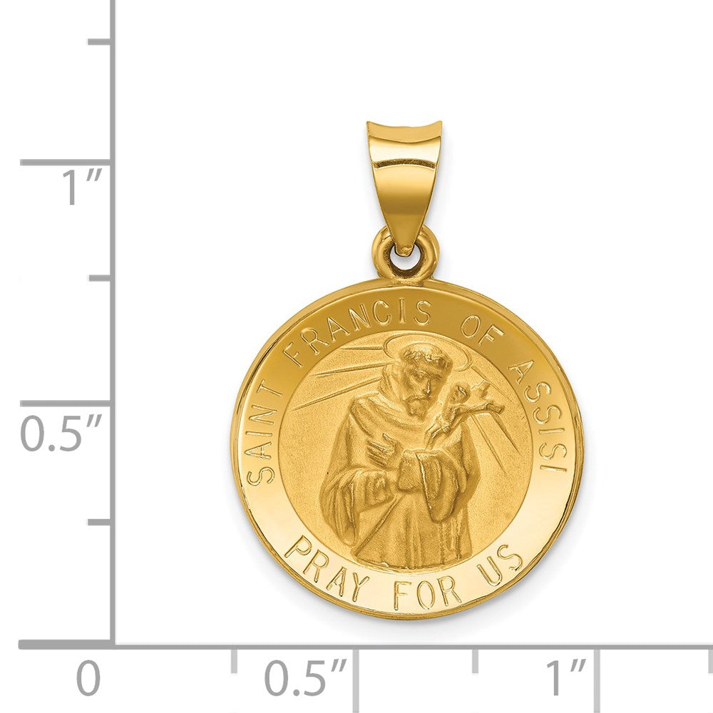 14k Yellow Gold 19 mm Polished and Satin St Francis of Assisi Medal Hollow Pendant (1.3 grams)