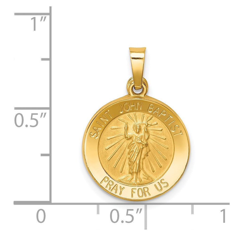 14k Yellow Gold 15 mm Polished and Satin St John Baptist Medal Hollow Pendant (0.88 grams)