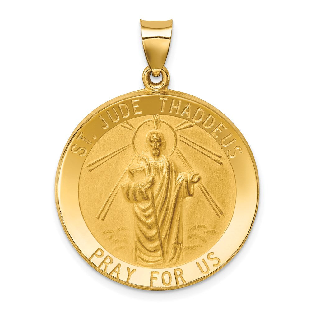 14k Yellow Gold 25.5 mm Polished and Satin St Jude Thaddeus Medal Hollow Pendant