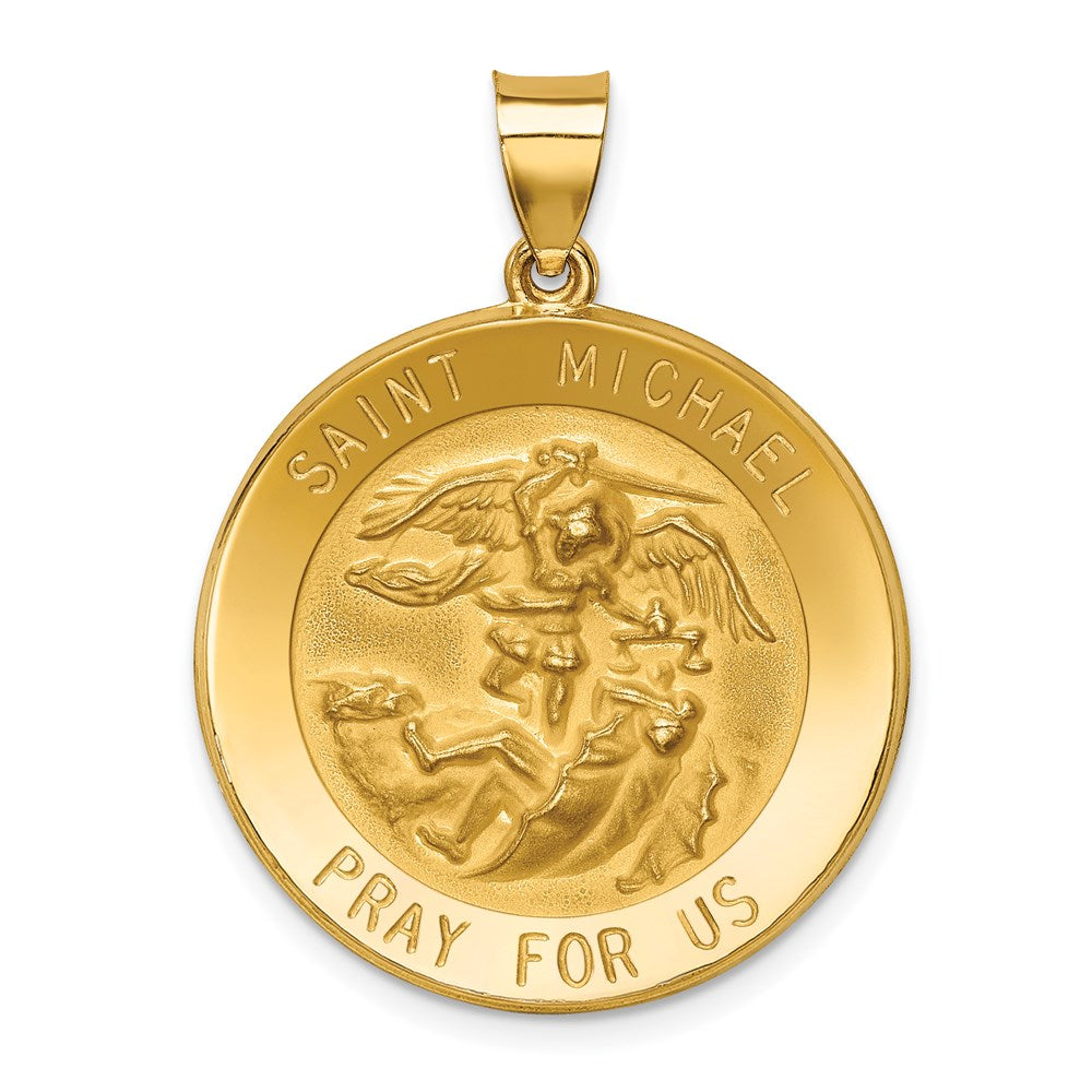 14k Yellow Gold 25 mm Polished and Satin St Michael Medal Hollow Pendant (2.35 grams)