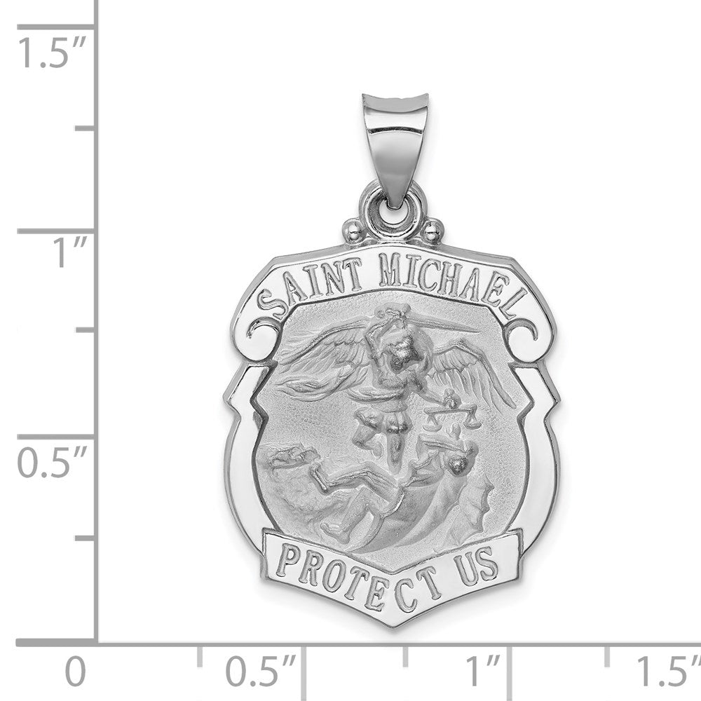 14k White Gold 22 mm Polish/Satin St Michael Badge Medal Hollow Pendant (1.78 grams)