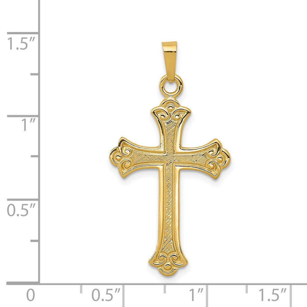 14k Yellow Gold 18 mm Textured and Polished Fleur de lis Cross Pendant (1.51 grams)