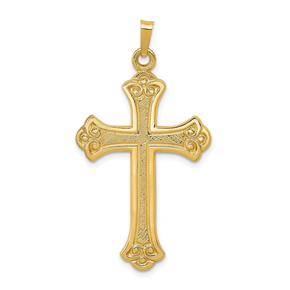 14k Yellow Gold 22.5 mm Textured and Polished Fleur de lis Cross Pendant (3.01 grams)