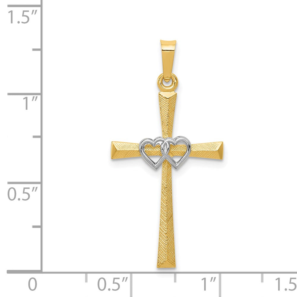 14K Two-tone Textured and Polished Latin Cross with Hearts Pendant (1.34 grams)