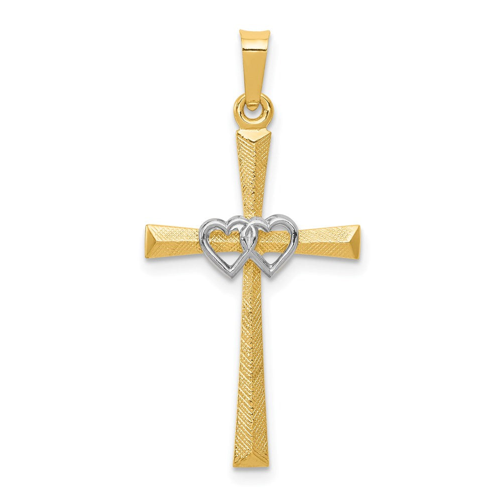 14K Two-tone Textured and Polished Latin Cross with Hearts Pendant (1.34 grams)