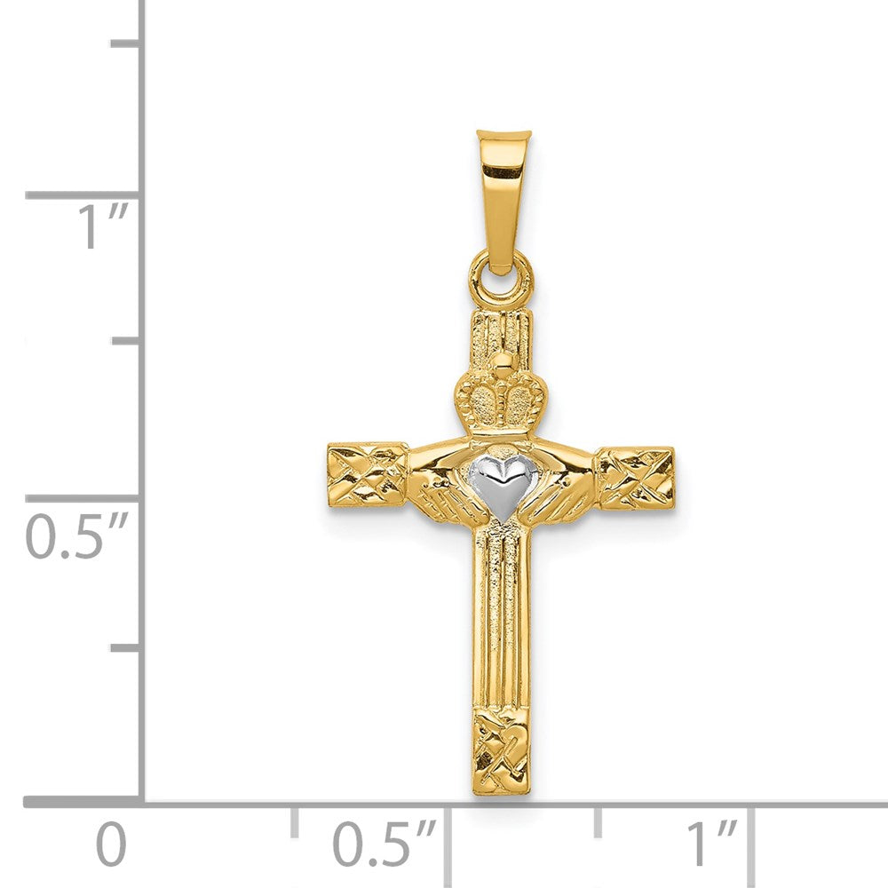 14k Yellow & Rhodium 9.5 mm Polished Claddagh Cross Pendant (0.84 grams)
