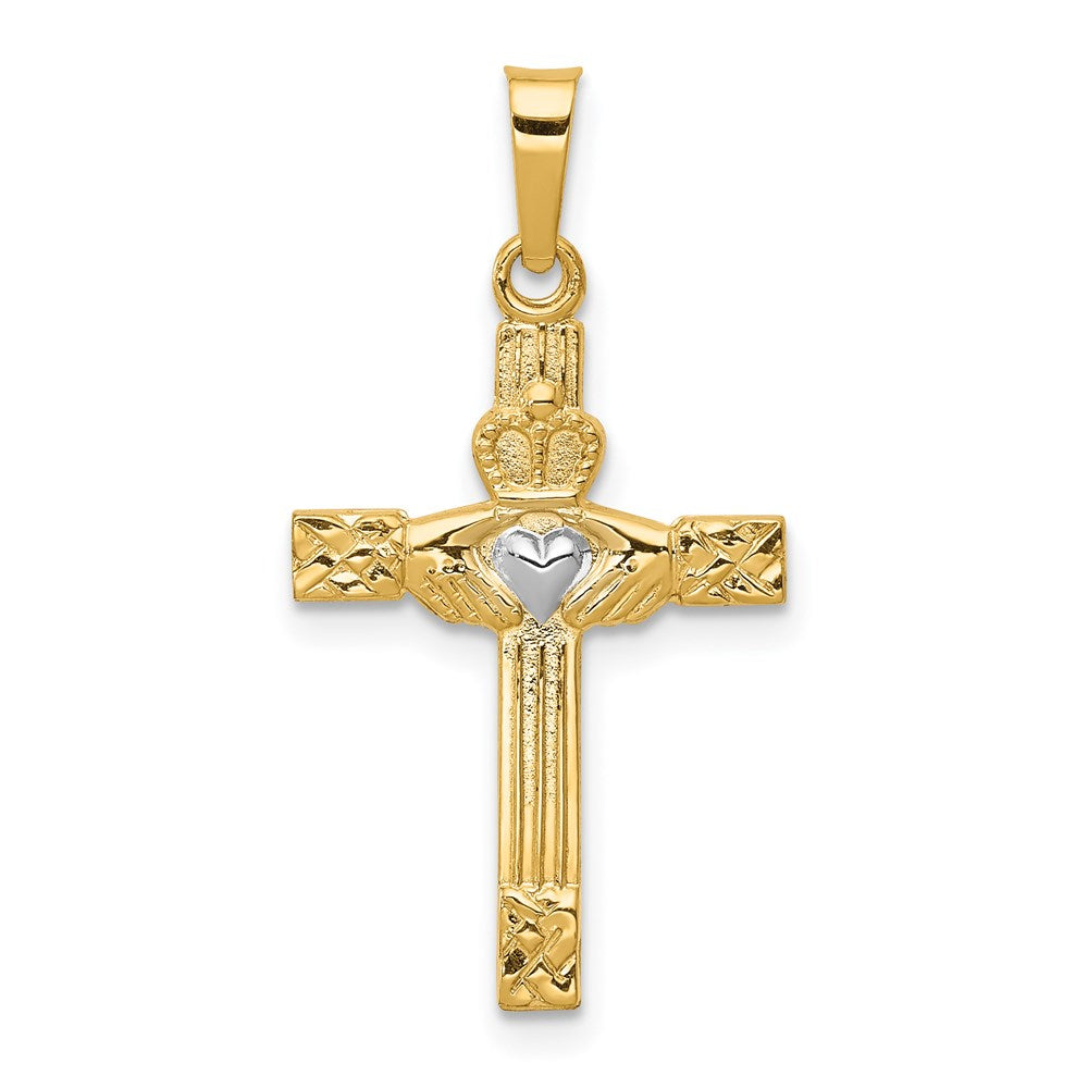 14k Yellow & Rhodium 9.5 mm Polished Claddagh Cross Pendant (0.84 grams)