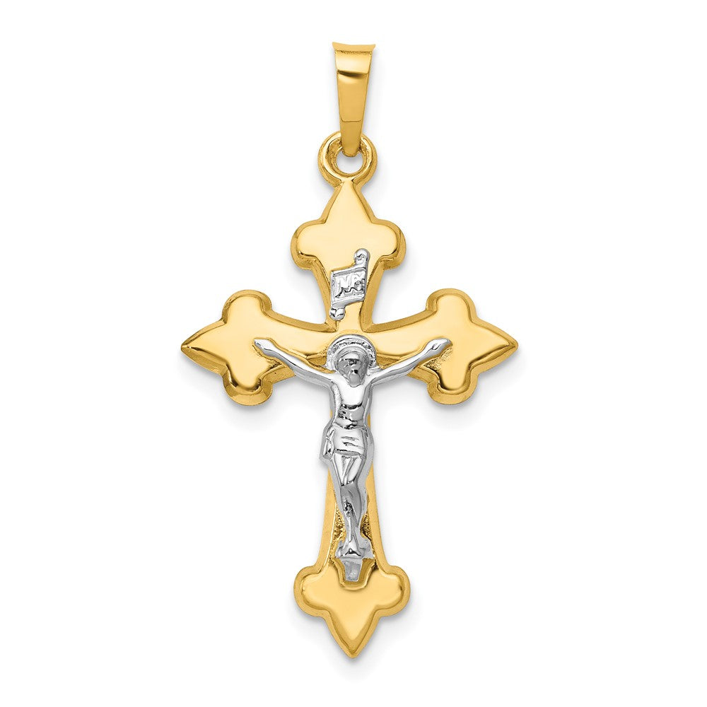 14k Two-tone 18 mm Polished Fleur de Lis INRI Crucifix Pendant (0.83 grams)