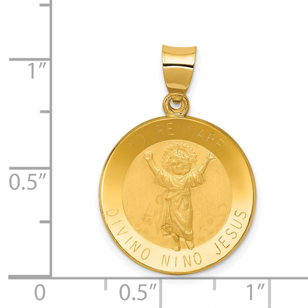 14k Yellow Gold 19 mm Polished Satin Hollow Divino Nino Round Medal Pendant (1.53 grams)