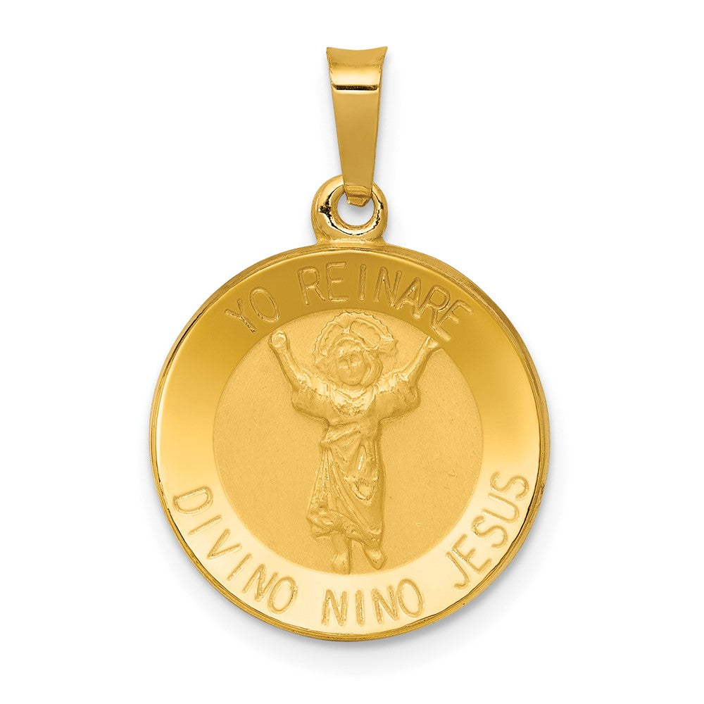 14k Yellow Gold 15.28 mm Polished Satin Hollow Divino Nino Round Medal Pendant (0.99 grams)