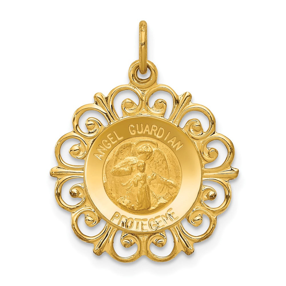 14k Yellow Gold 18.7 mm Polished/Satin Spanish Guardian Angel Medal Hollow Pendant (1.43 grams)