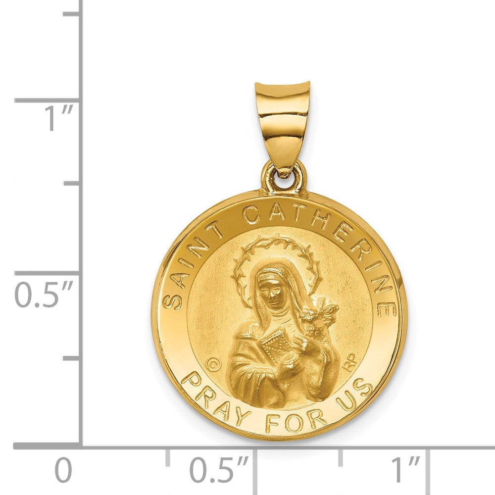 14k Yellow Gold 19 mm Polished/Satin St. Catherine Hollow Medal Pendant (1.48 grams)