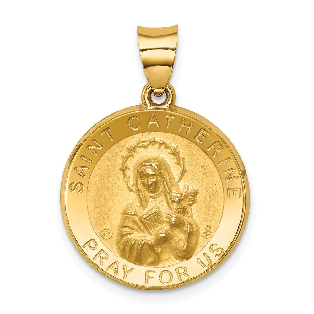 14k Yellow Gold 19 mm Polished/Satin St. Catherine Hollow Medal Pendant (1.48 grams)