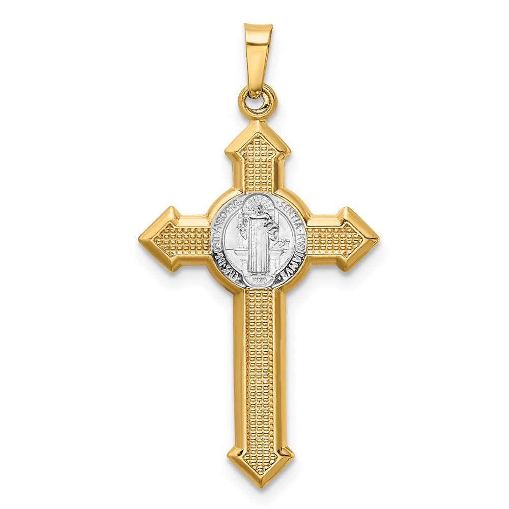14k Yellow & Rhodium 19.5 mm St. Benedict Hollow Medal INRI Crucifix Pendant (0.93 grams)
