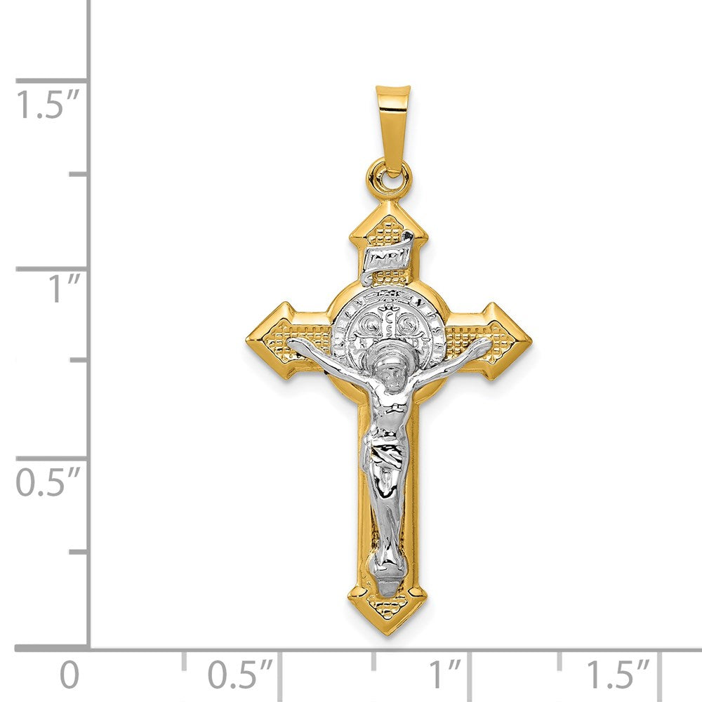 14k Yellow & Rhodium 19.5 mm St. Benedict Hollow Medal INRI Crucifix Pendant (0.93 grams)