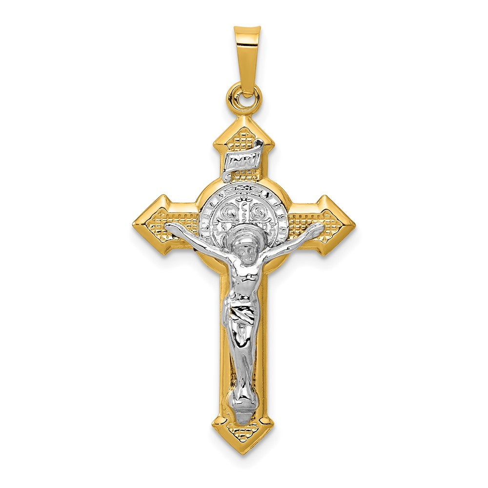 14k Yellow & Rhodium 19.5 mm St. Benedict Hollow Medal INRI Crucifix Pendant (0.93 grams)