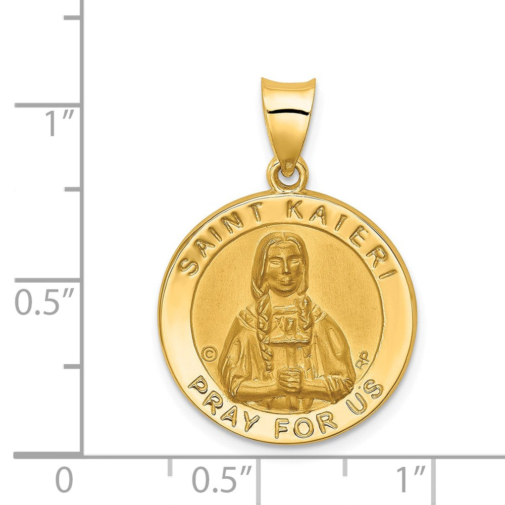14k Yellow Gold 18.7 mm Polished / Satin St. Kateri Hollow Medal Pendant (1.35 grams)