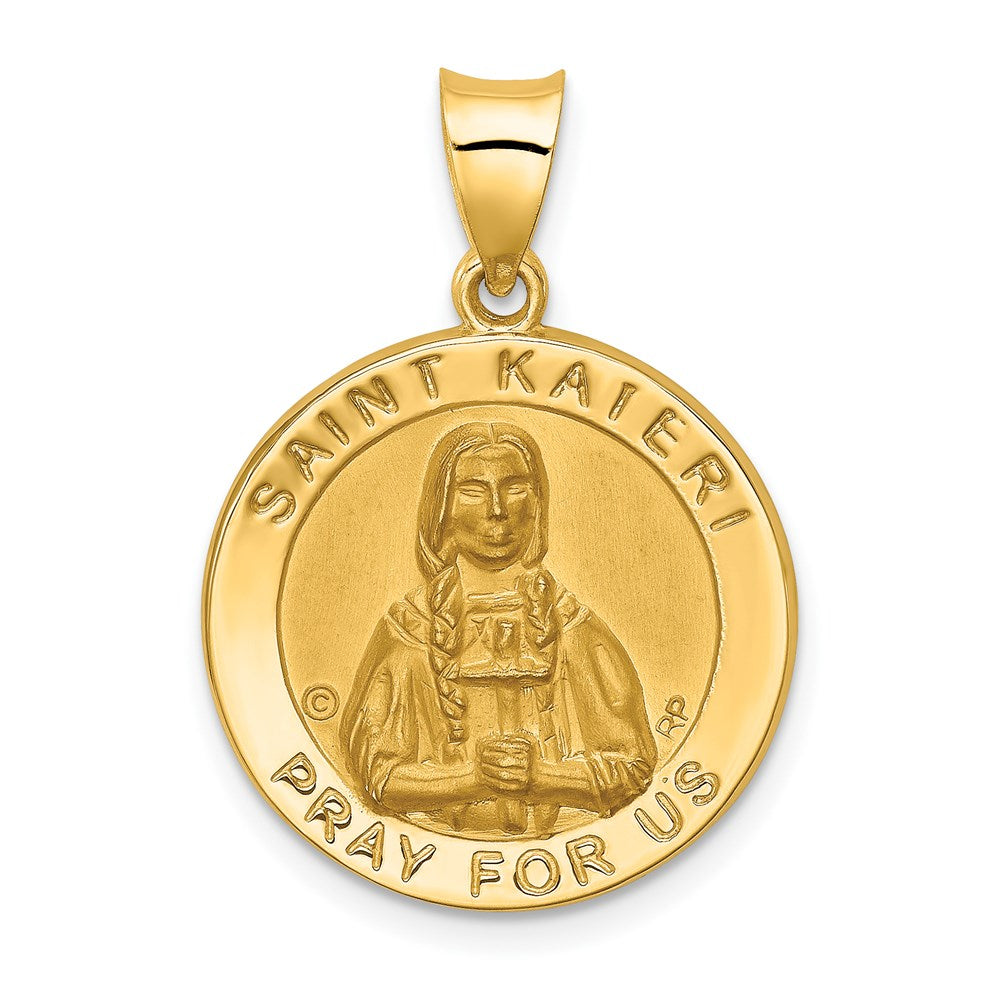 14k Yellow Gold 18.7 mm Polished / Satin St. Kateri Hollow Medal Pendant (1.35 grams)
