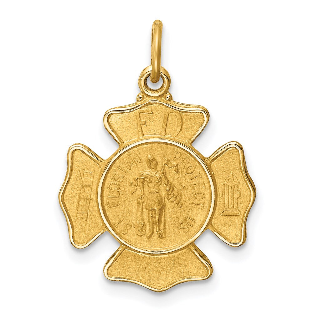 14k Yellow Gold 17 mm Solid Polished/Satin Small St. Florian Fire Dept. Badge Medal (1.36 grams)