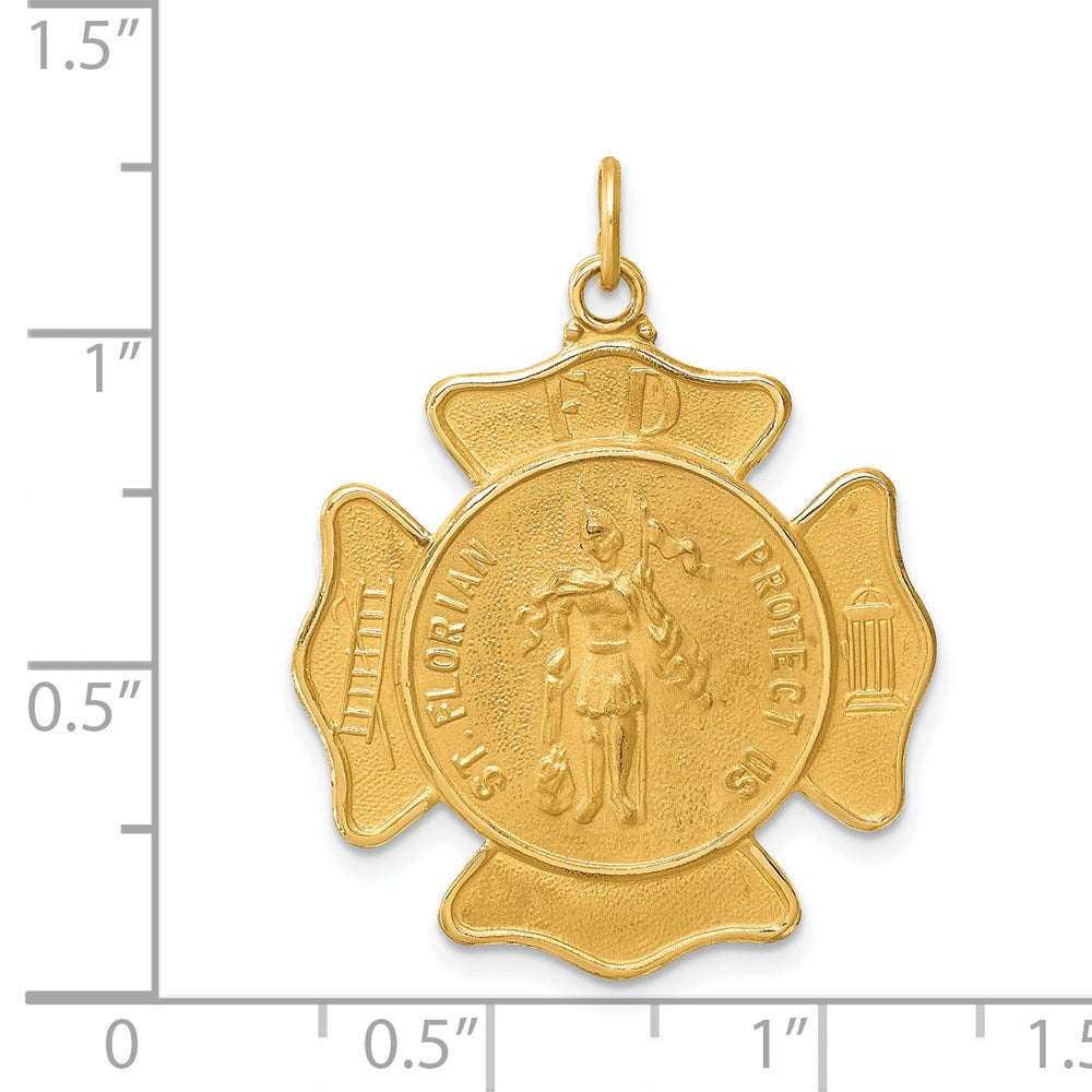 14k Yellow Gold 24.75 mm Solid Polished/Satin Large St. Florian Fire Dept. Badge Medal (4.16 grams)