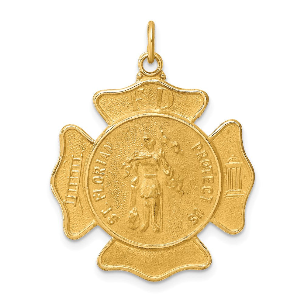 14k Yellow Gold 24.75 mm Solid Polished/Satin Large St. Florian Fire Dept. Badge Medal (4.16 grams)