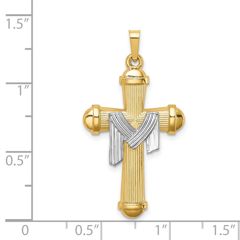 14k Two-tone 18 mm Hollow Polished Draped Cross (1.17 grams)