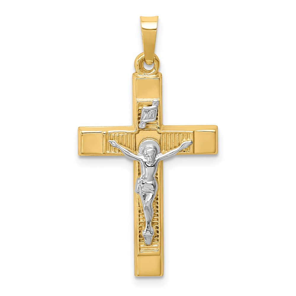 14k Two-tone 17 mm Hollow Polished Textured Latin Crucifix (0.91 grams)