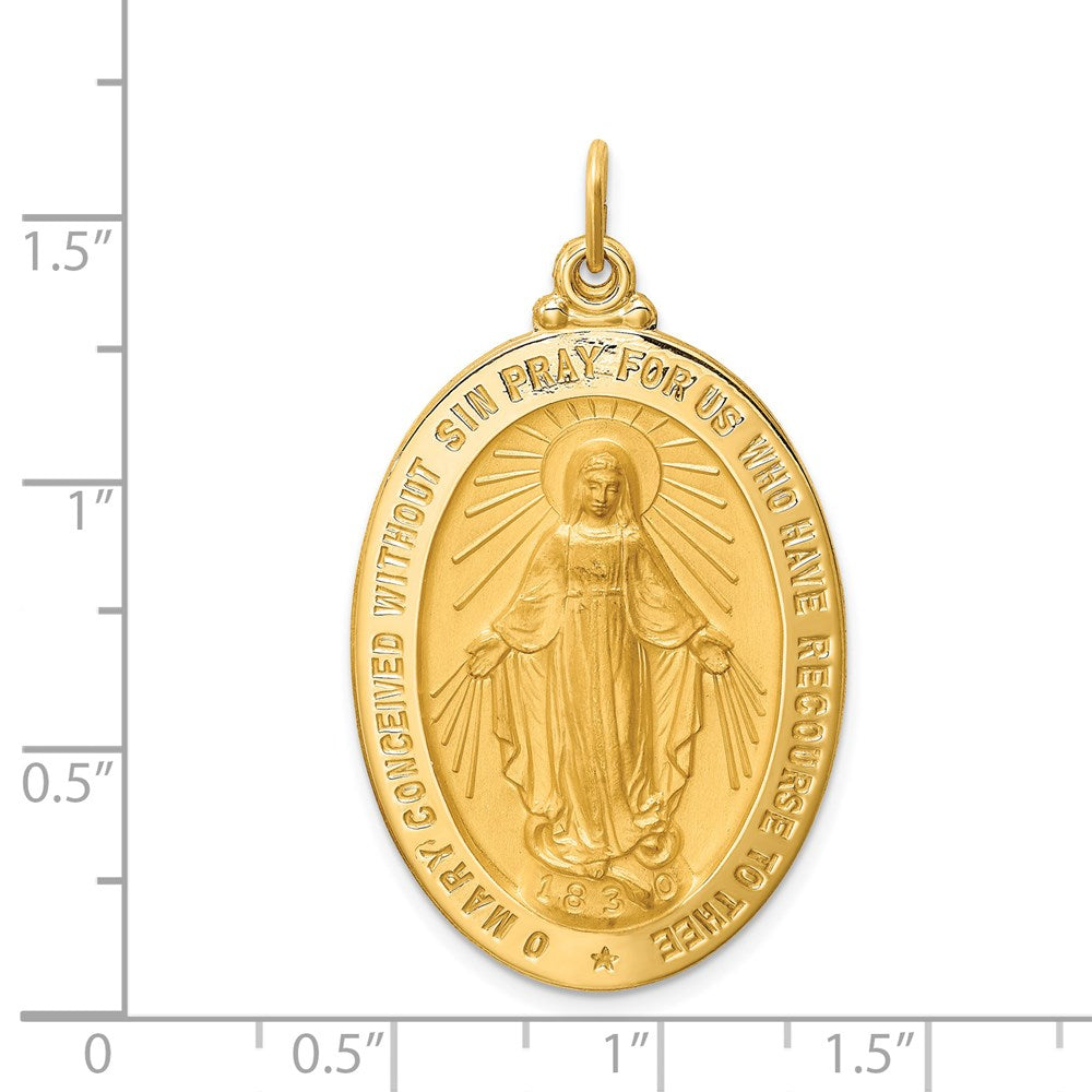 14k Yellow Gold 24 mm Solid Polished/Satin Large Oval Miraculous Medal (8 grams)