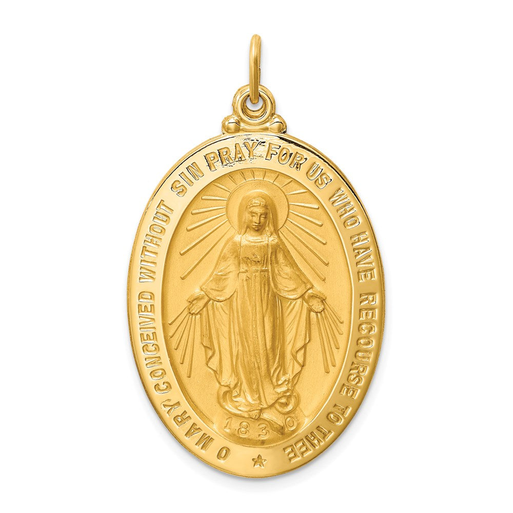14k Yellow Gold 24 mm Solid Polished/Satin Large Oval Miraculous Medal (8 grams)