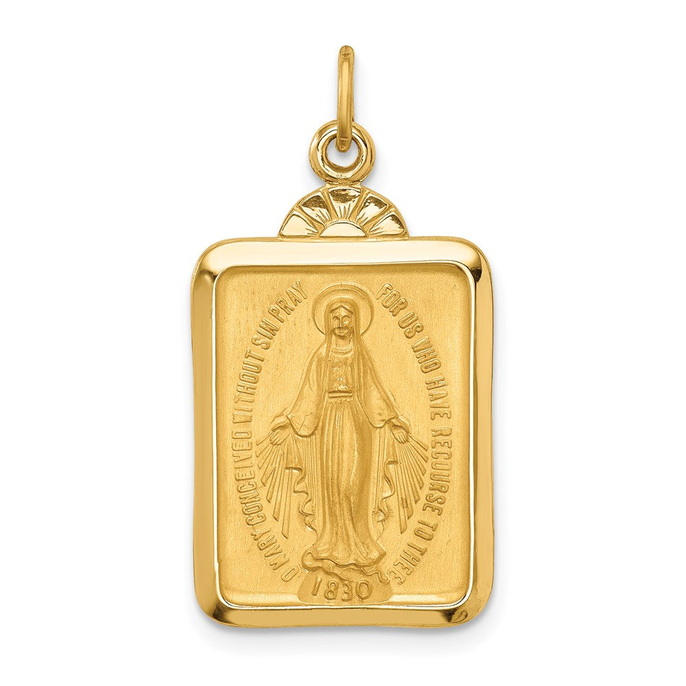 14k Yellow Gold 15 mm Solid Polished/Satin Rectangle w/Fan Top Miraculous Medal (2.55 grams)