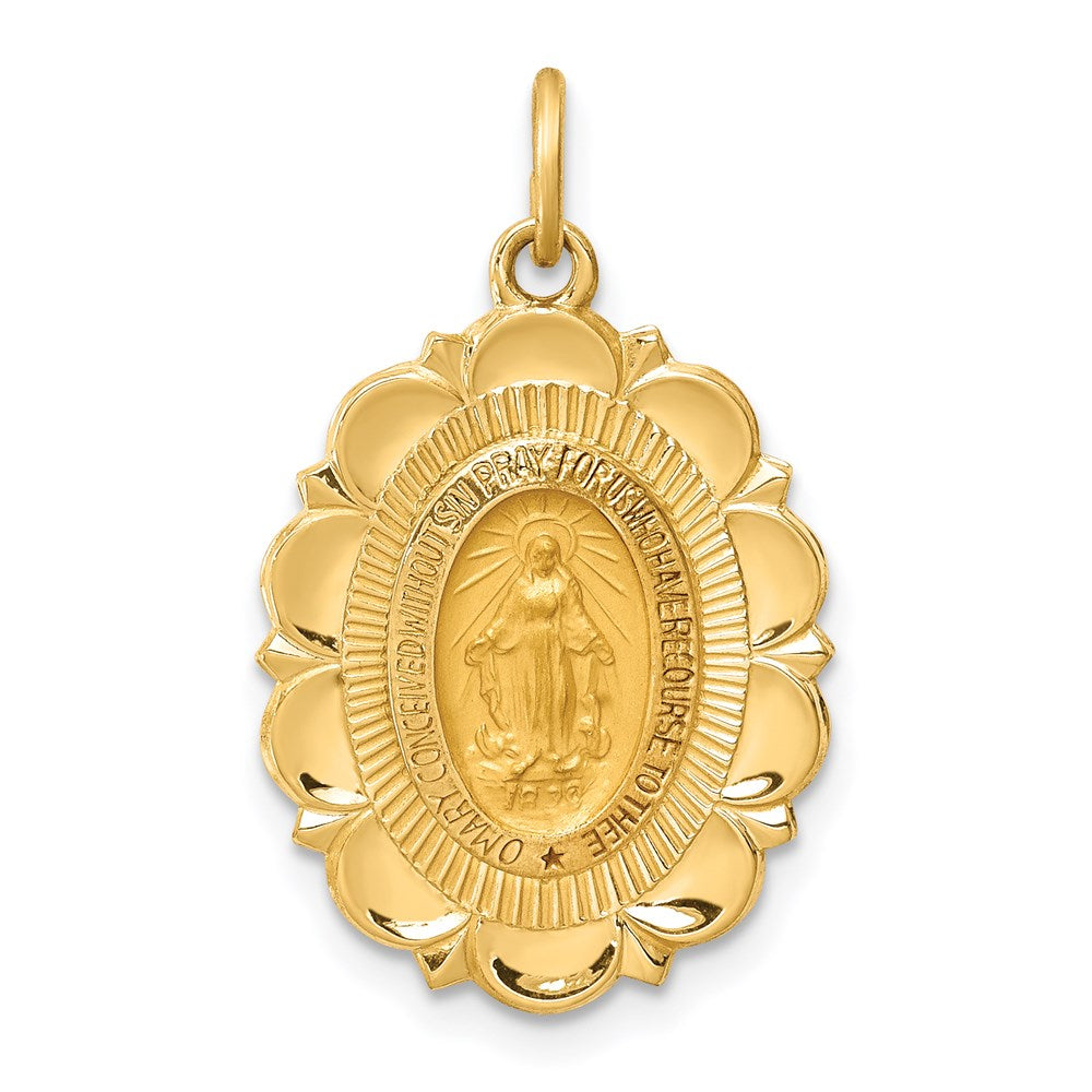 14k Yellow Gold 15.75 mm Solid Polished/Satin Small Fancy Oval Miraculous Medal (1.41 grams)