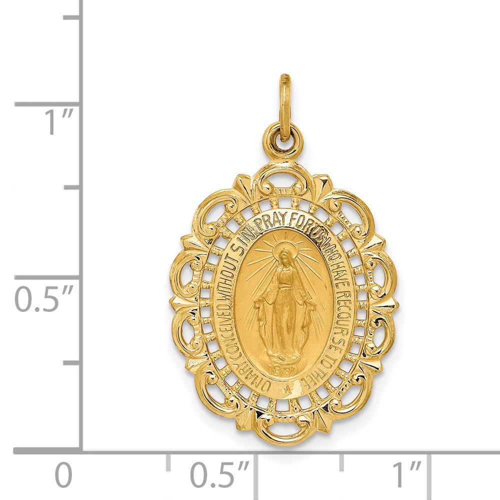 14k Yellow Gold 17.2 mm Solid Polished/Satin Fancy Pierced Oval Miraculous Medal (1.9 grams)