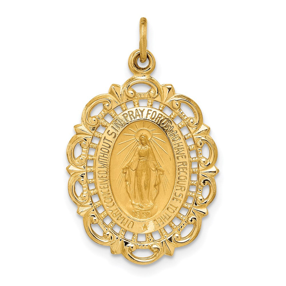 14k Yellow Gold 17.2 mm Solid Polished/Satin Fancy Pierced Oval Miraculous Medal (1.9 grams)