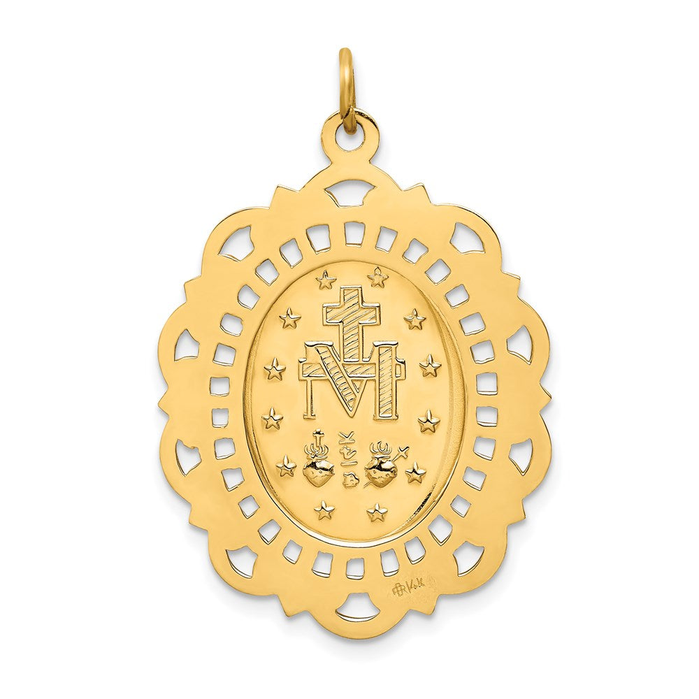 14k Yellow Gold 23.5 mm Solid Polished/Satin Fancy Pierced Oval Miraculous Medal (3.58 grams)