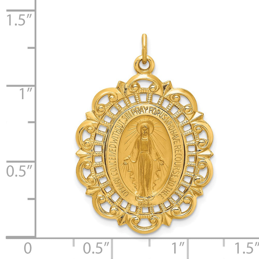 14k Yellow Gold 23.5 mm Solid Polished/Satin Fancy Pierced Oval Miraculous Medal (3.58 grams)