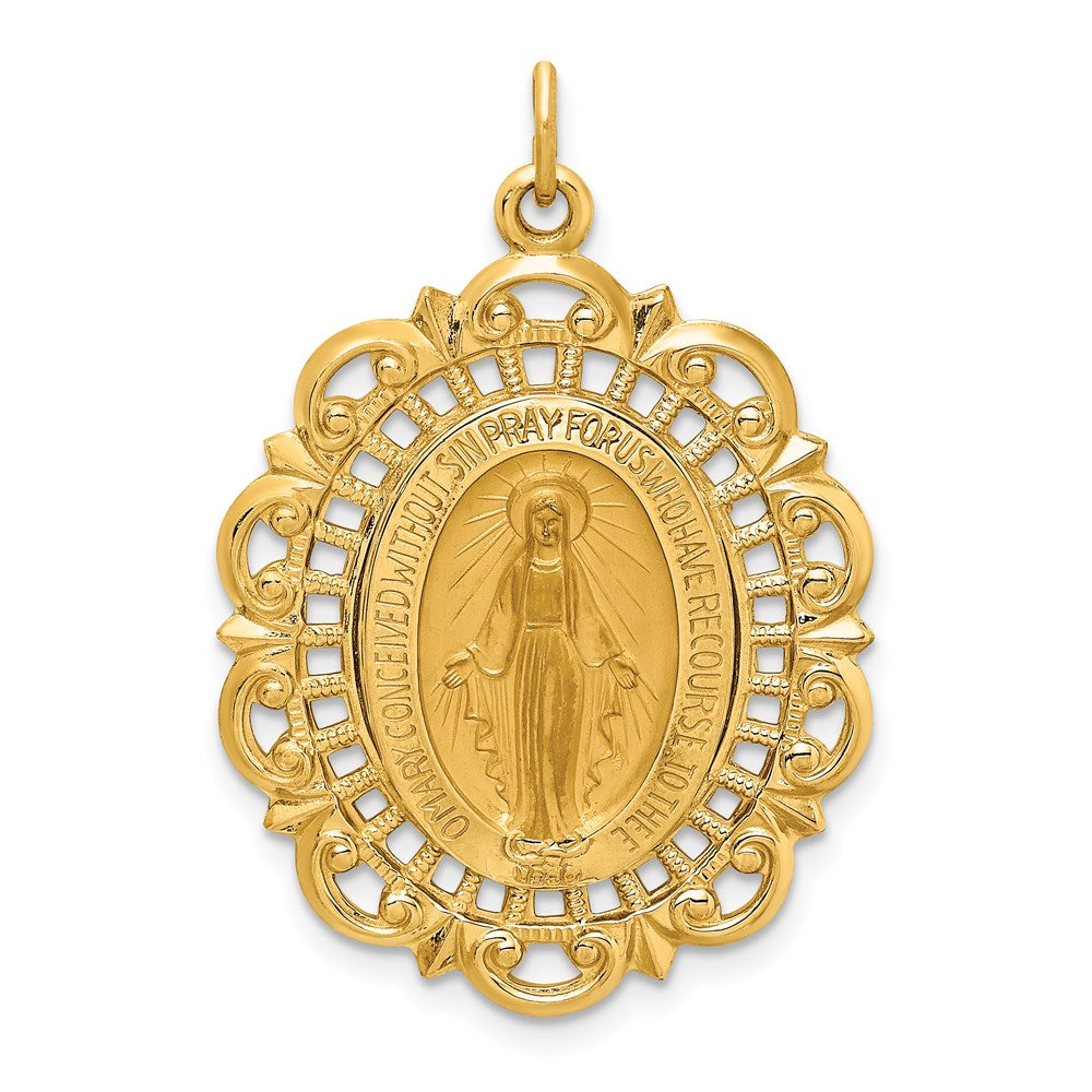 14k Yellow Gold 23.5 mm Solid Polished/Satin Fancy Pierced Oval Miraculous Medal (3.58 grams)