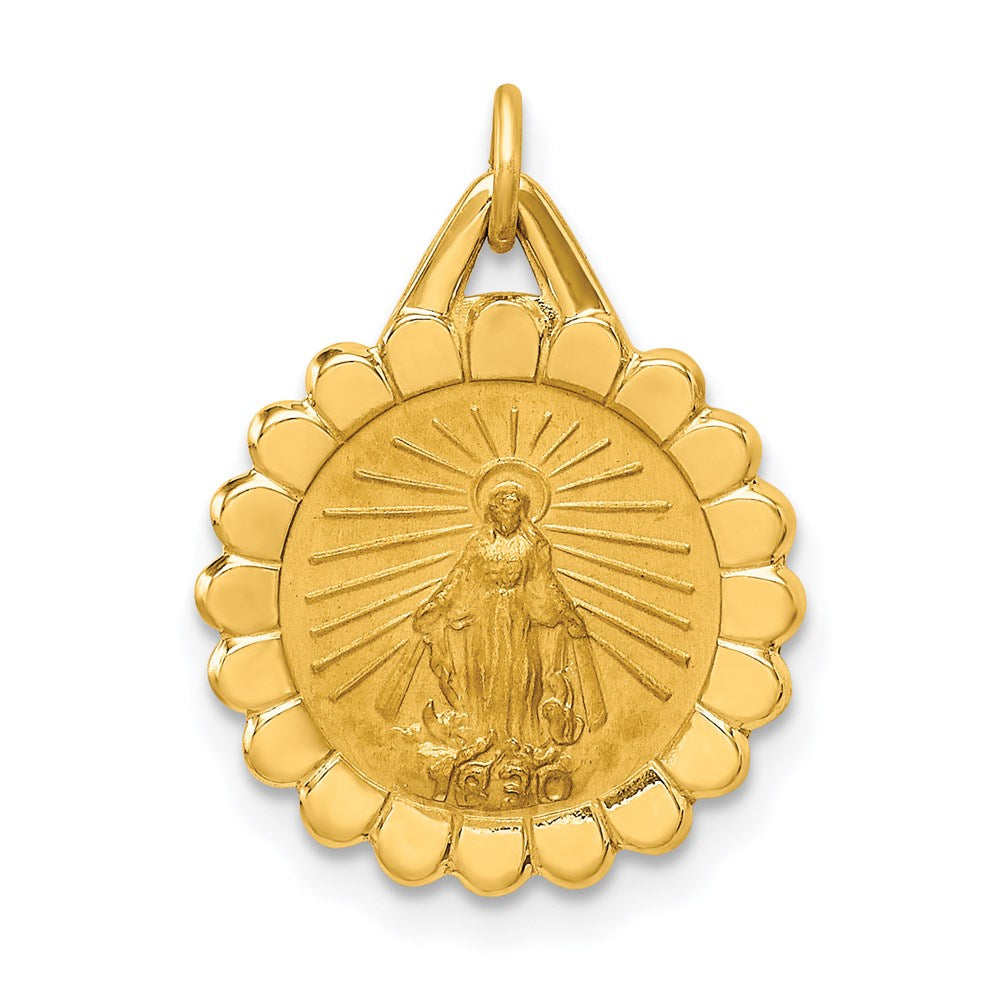 14k Yellow Gold 14.8 mm Solid Polished/Satin Small Round Scalloped Miraculous Medal (1.16 grams)