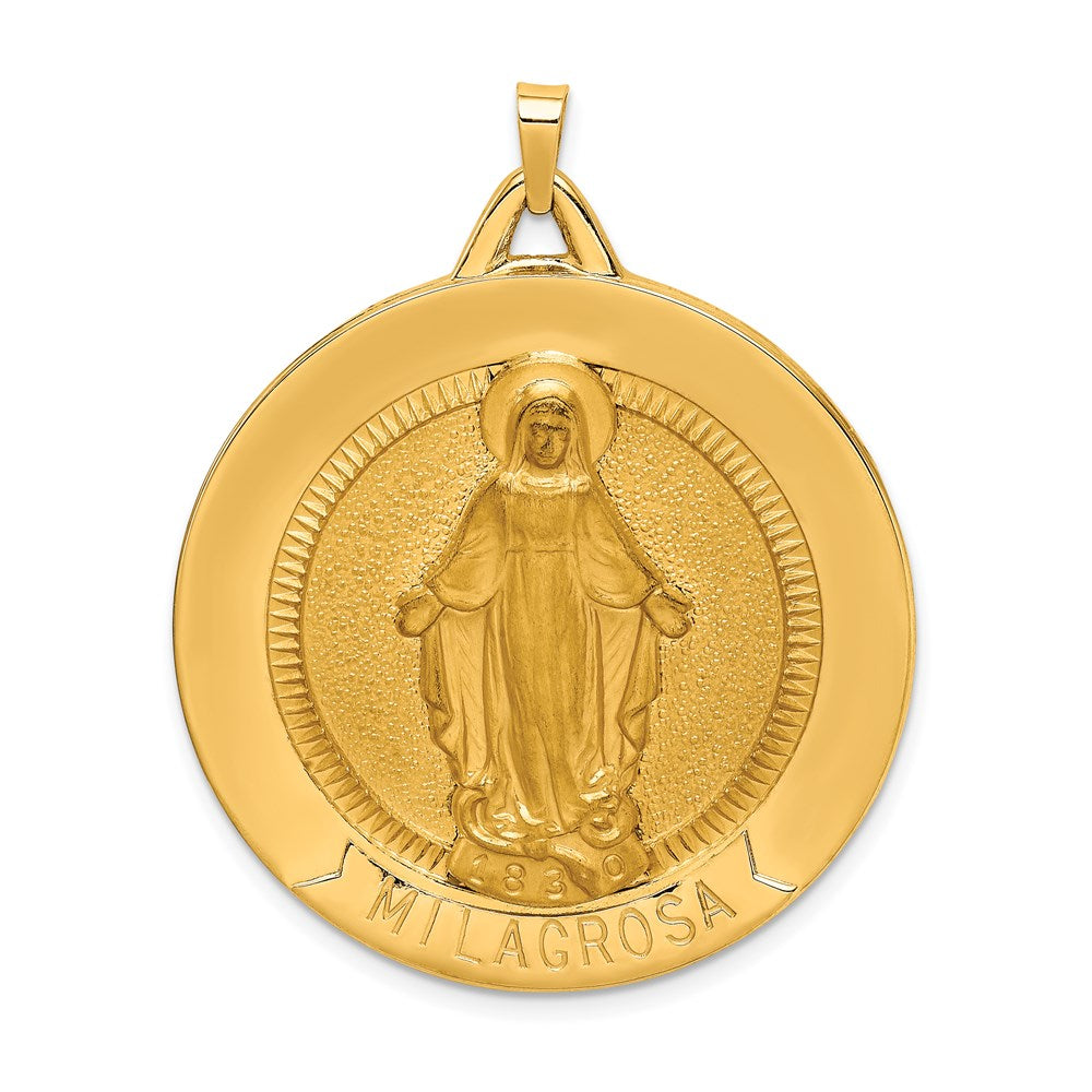 14k Yellow Gold 34.5 mm Solid Polished/Satin Large Raised Round Milagrosa Medal (10.26 grams)