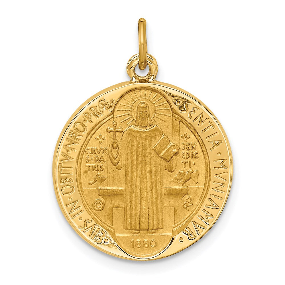 14k Yellow Gold 18 mm Solid Polished/Satin Round Reversible St. Benedict Medal (2.7 grams)