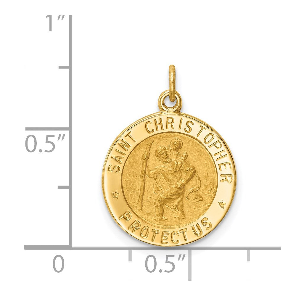 14k Yellow Gold 15 mm Solid Polished/Satin Small Round St. Christopher Medal (1.1 grams)