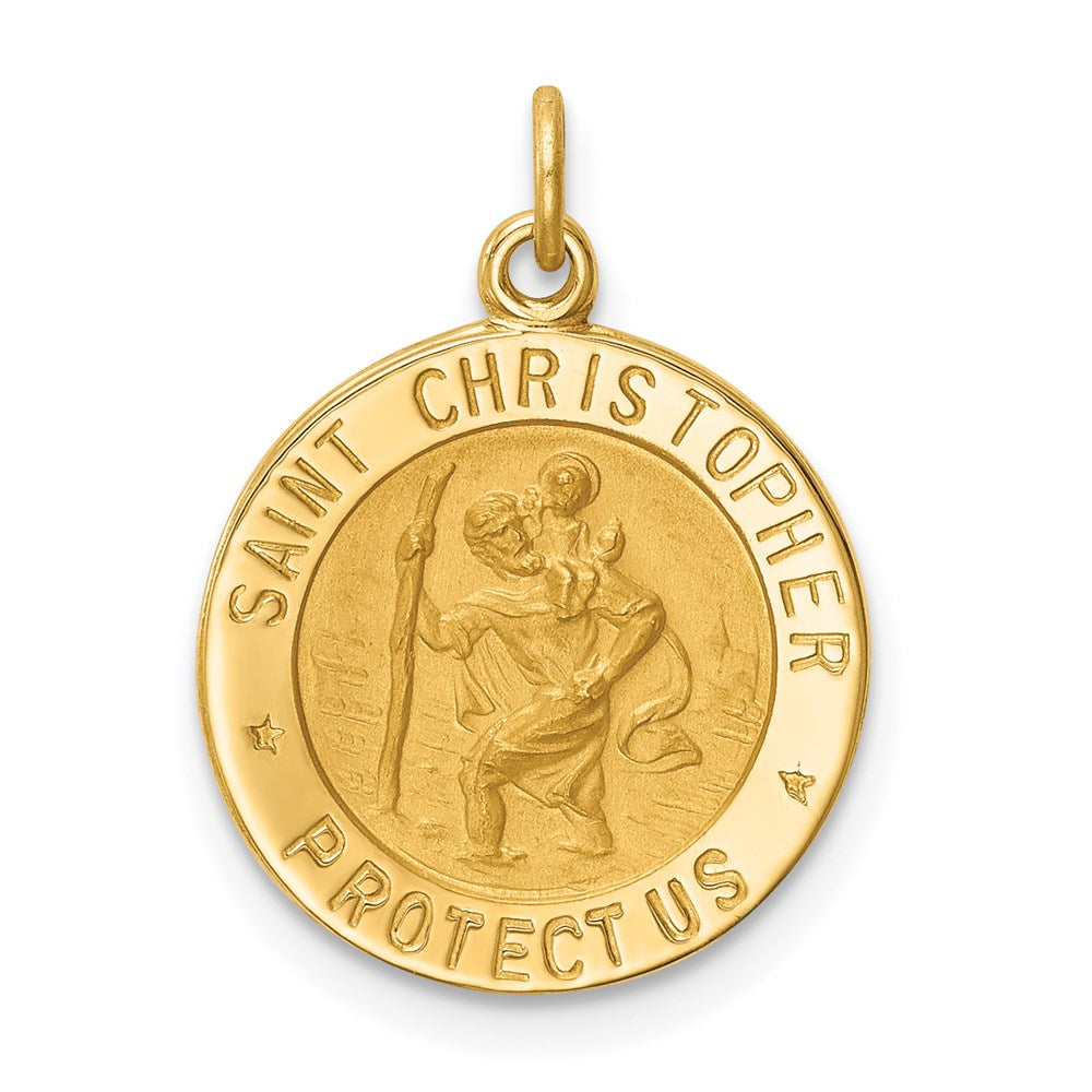 14k Yellow Gold 15 mm Solid Polished/Satin Small Round St. Christopher Medal (1.1 grams)