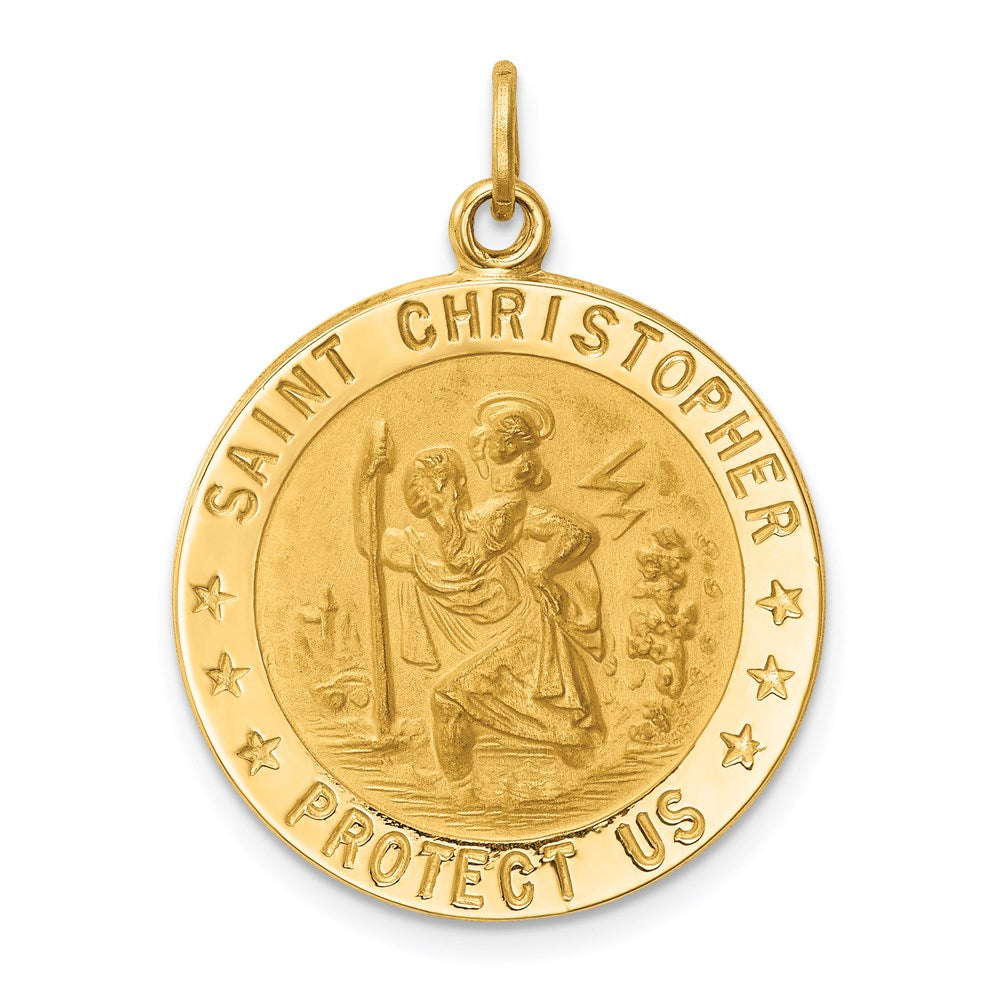14k Yellow Gold 22 mm Solid Polished/Satin Medium Round St. Christopher Medal (3.03 grams)